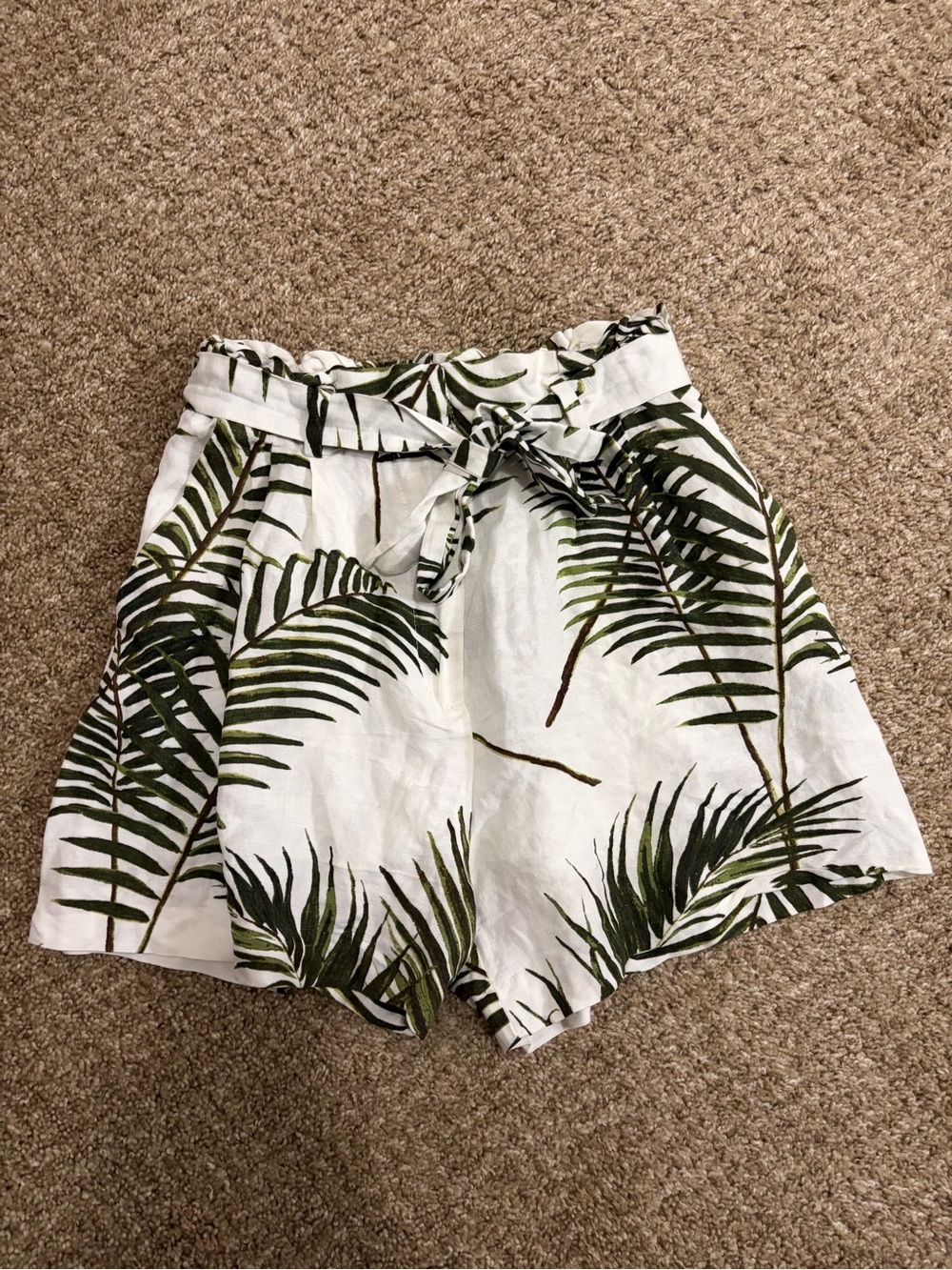 H&M White Shorts with Green Palm Print and Tie-Waist